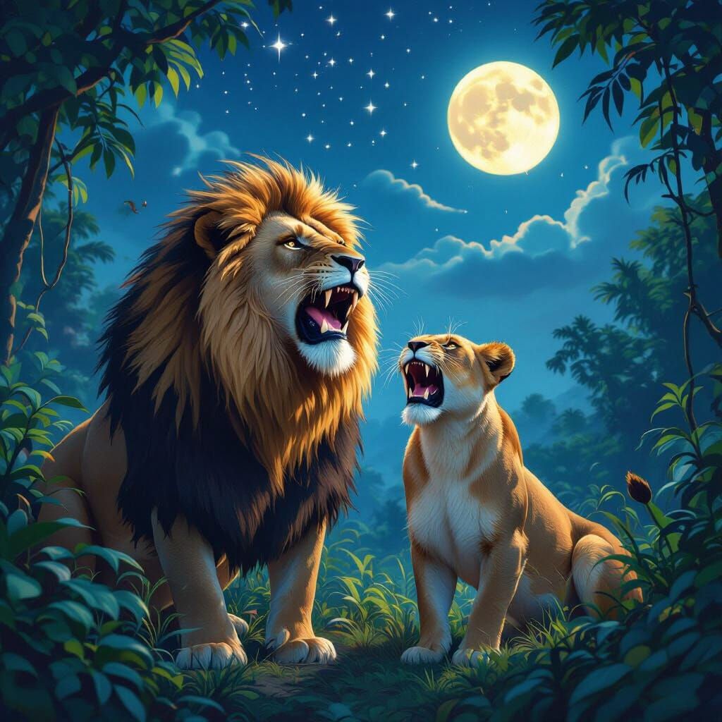 Majestic Lions Roaring in Jungle Night, Cinematic Lighting