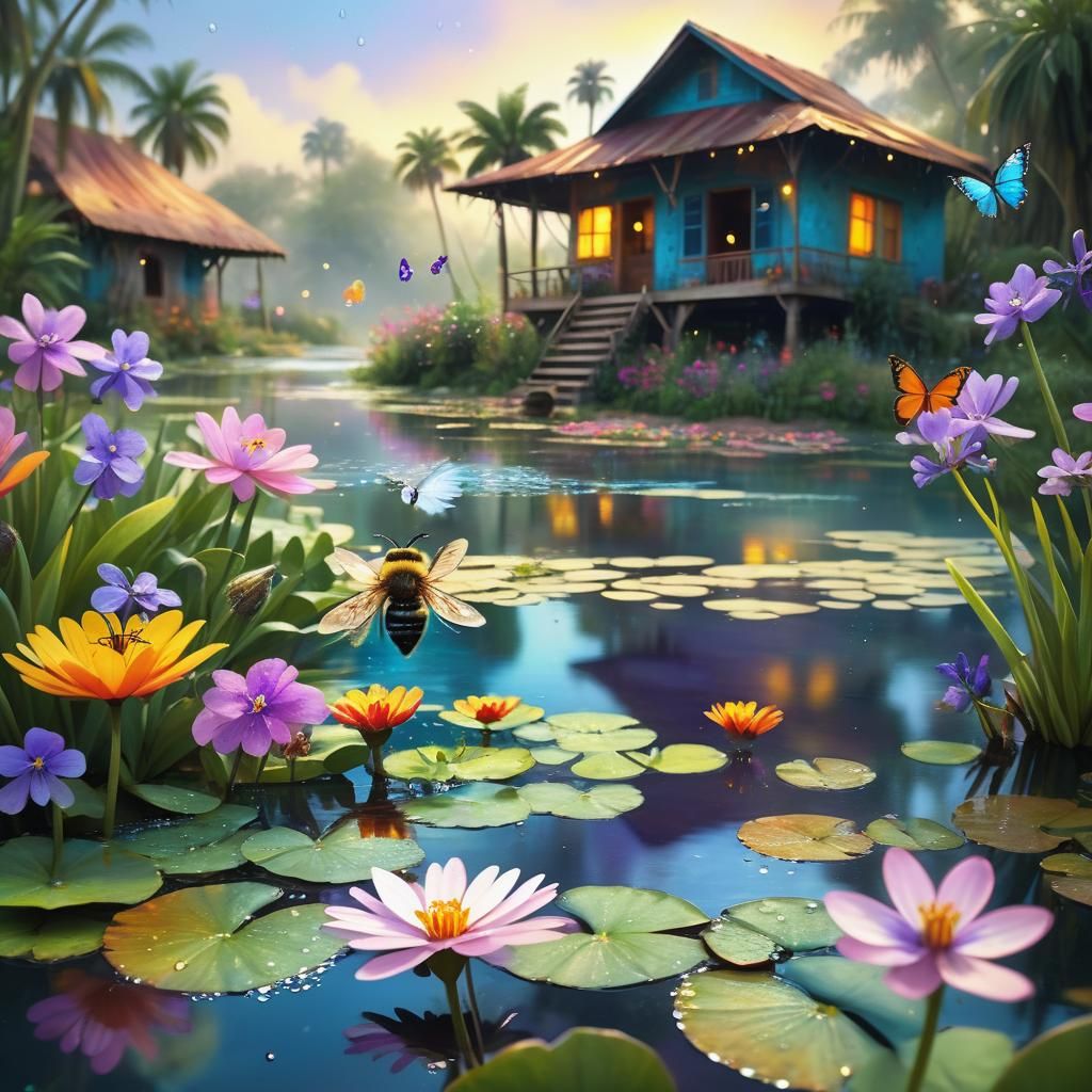 Bee, Butterfly, and River in Lush Digital Art