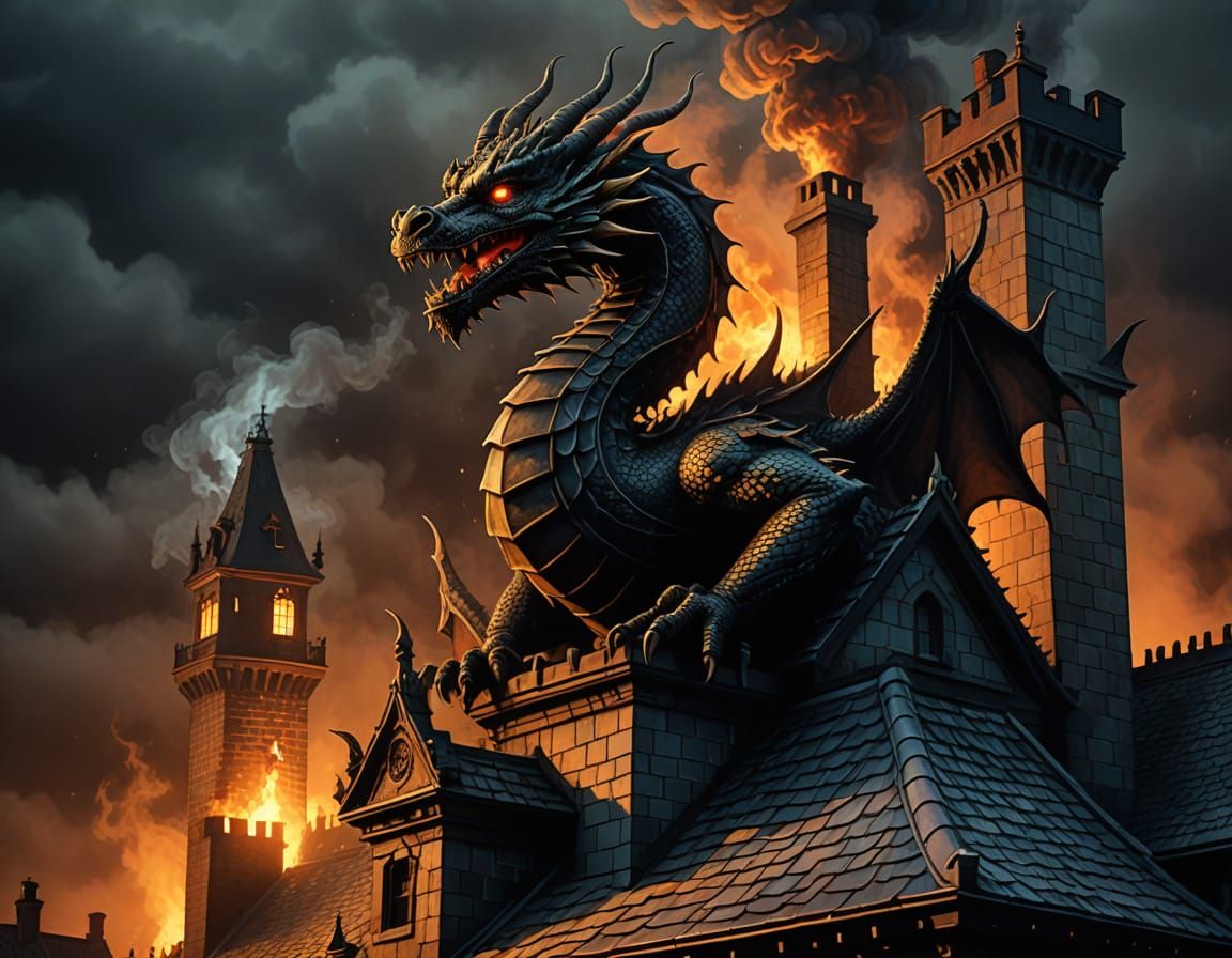 Gothic Dragon Curled Around Chimney in Digital Art