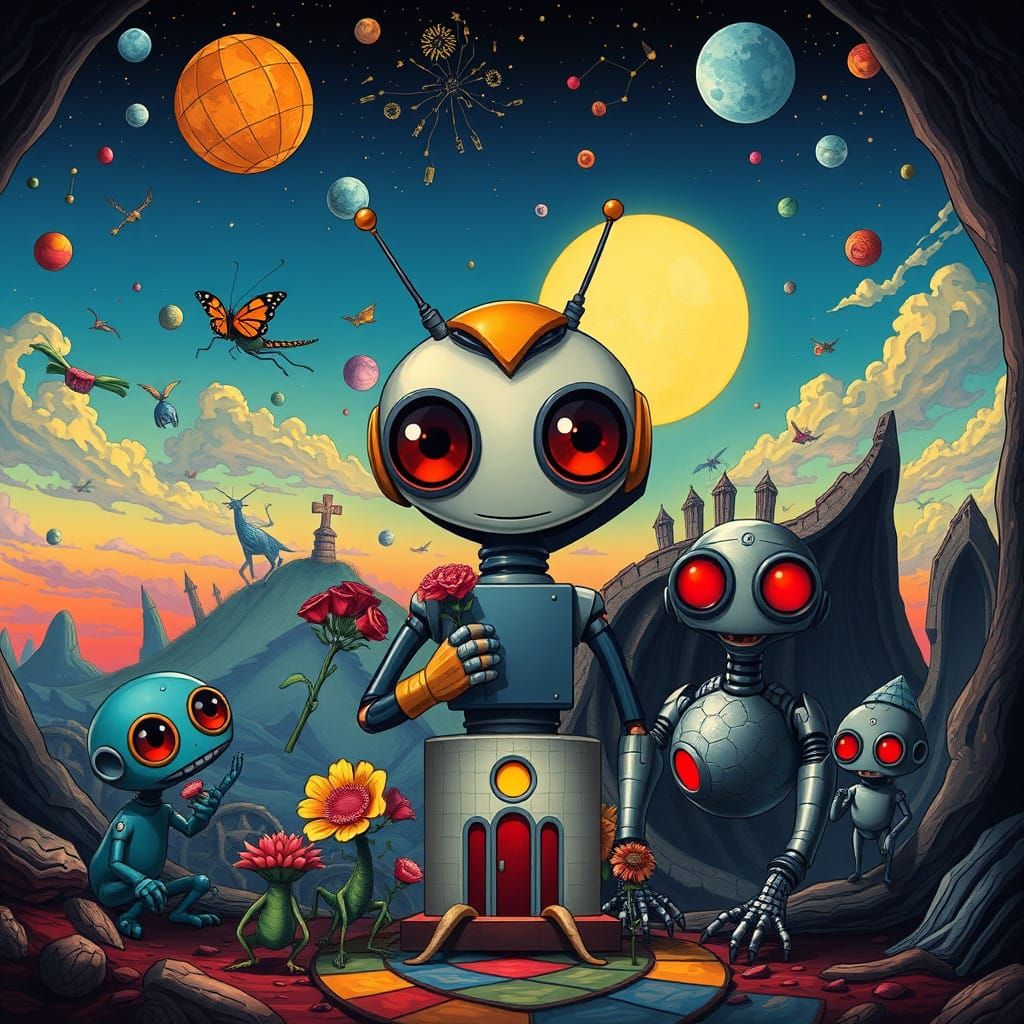 Vibrant Pop-Art Robot Offers Flowers to Playful Monsters