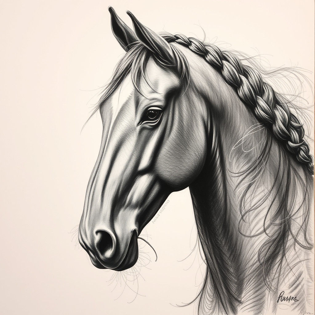 Majestic Horse with Braided Mane Charcoal Drawing
