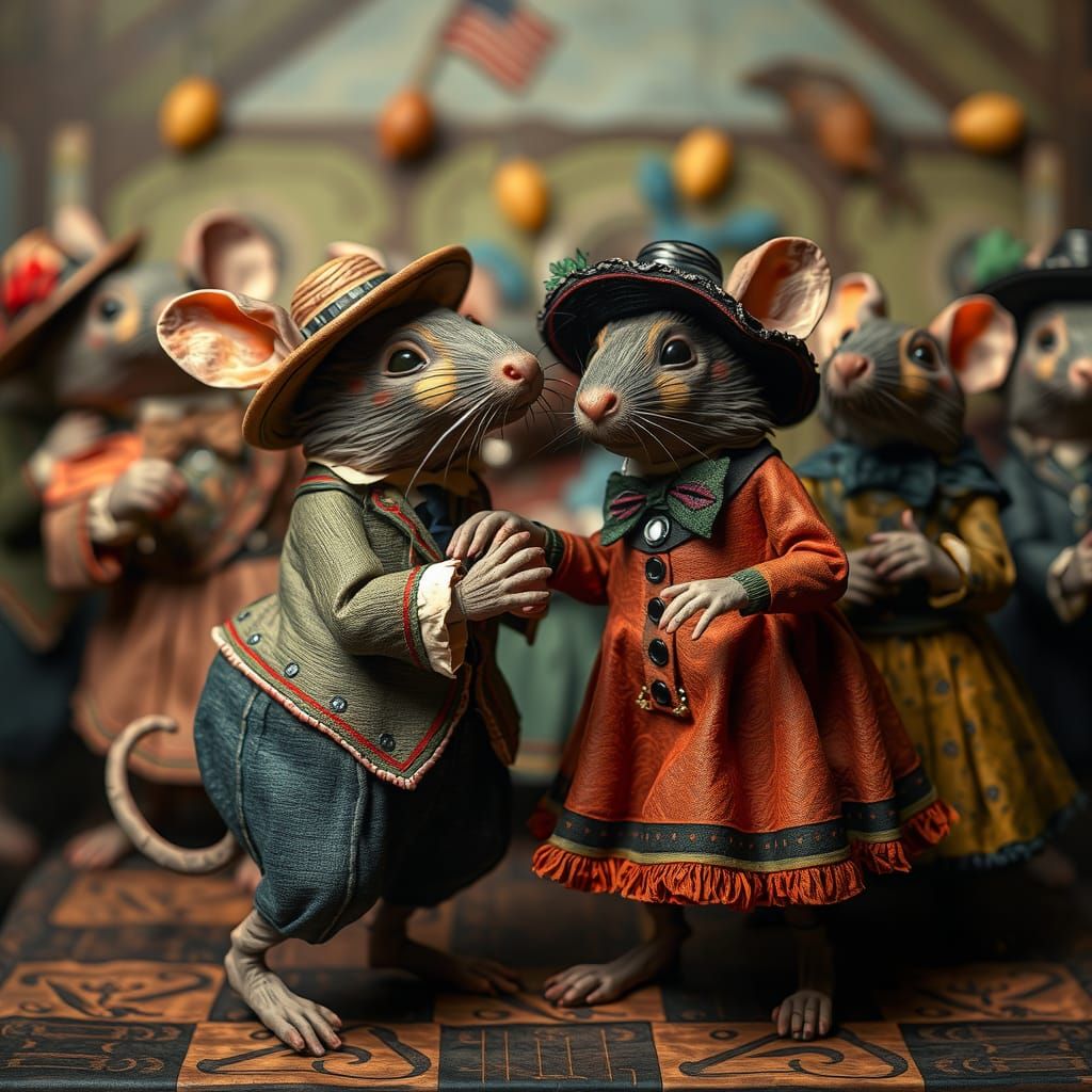 Rats Square Dancing: Whimsical Folk Art Illustration