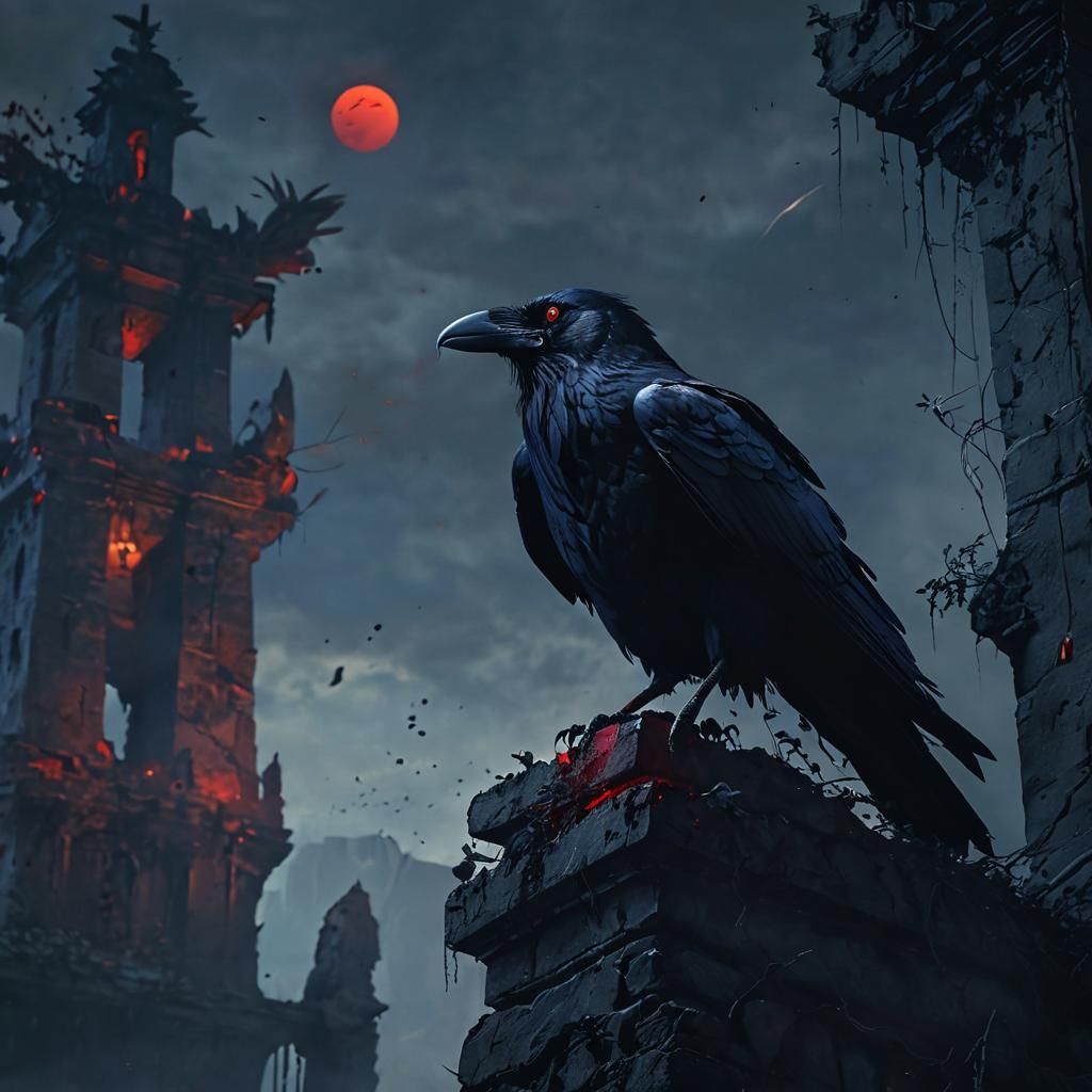 Raven on Crumbling Tower in Dark Fantasy Art