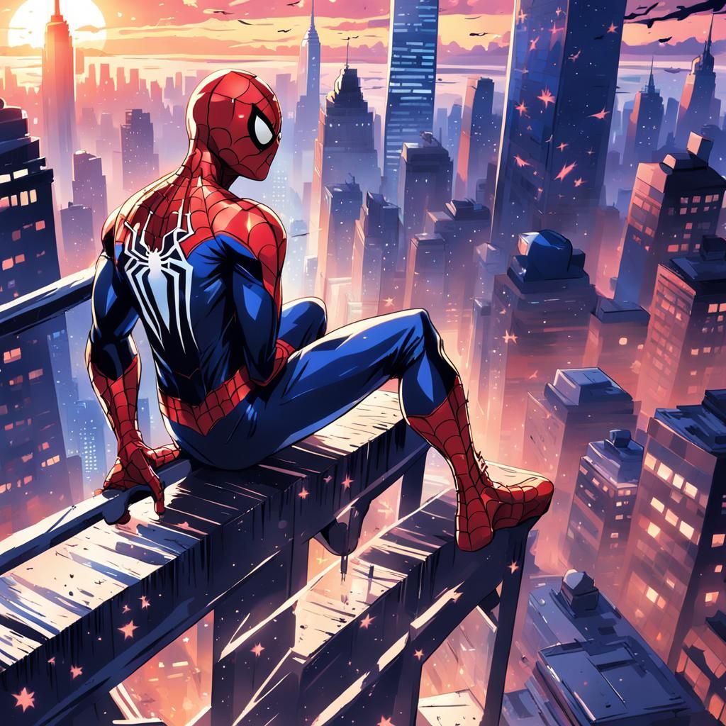 Anime Spiderman Watches New York Sunset