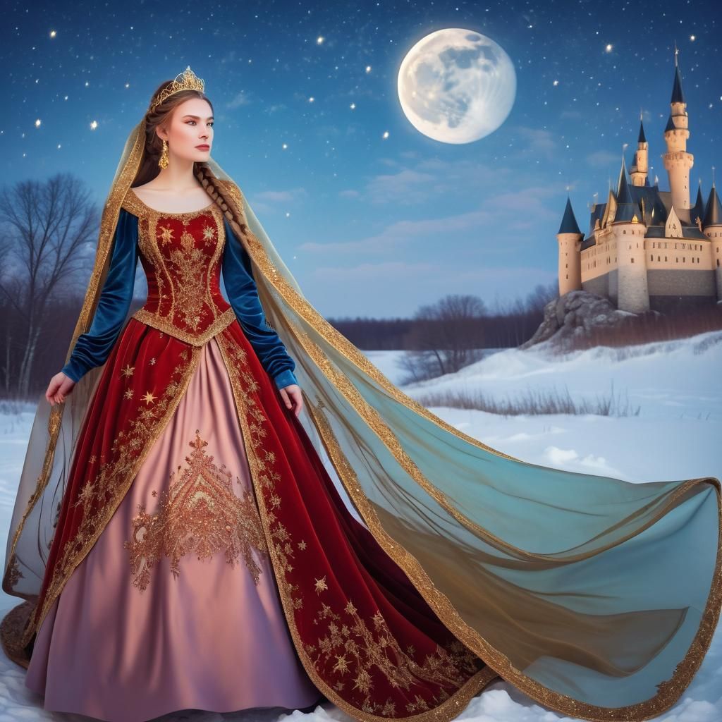 Slavic Beauty in Tundra Under Starry Night