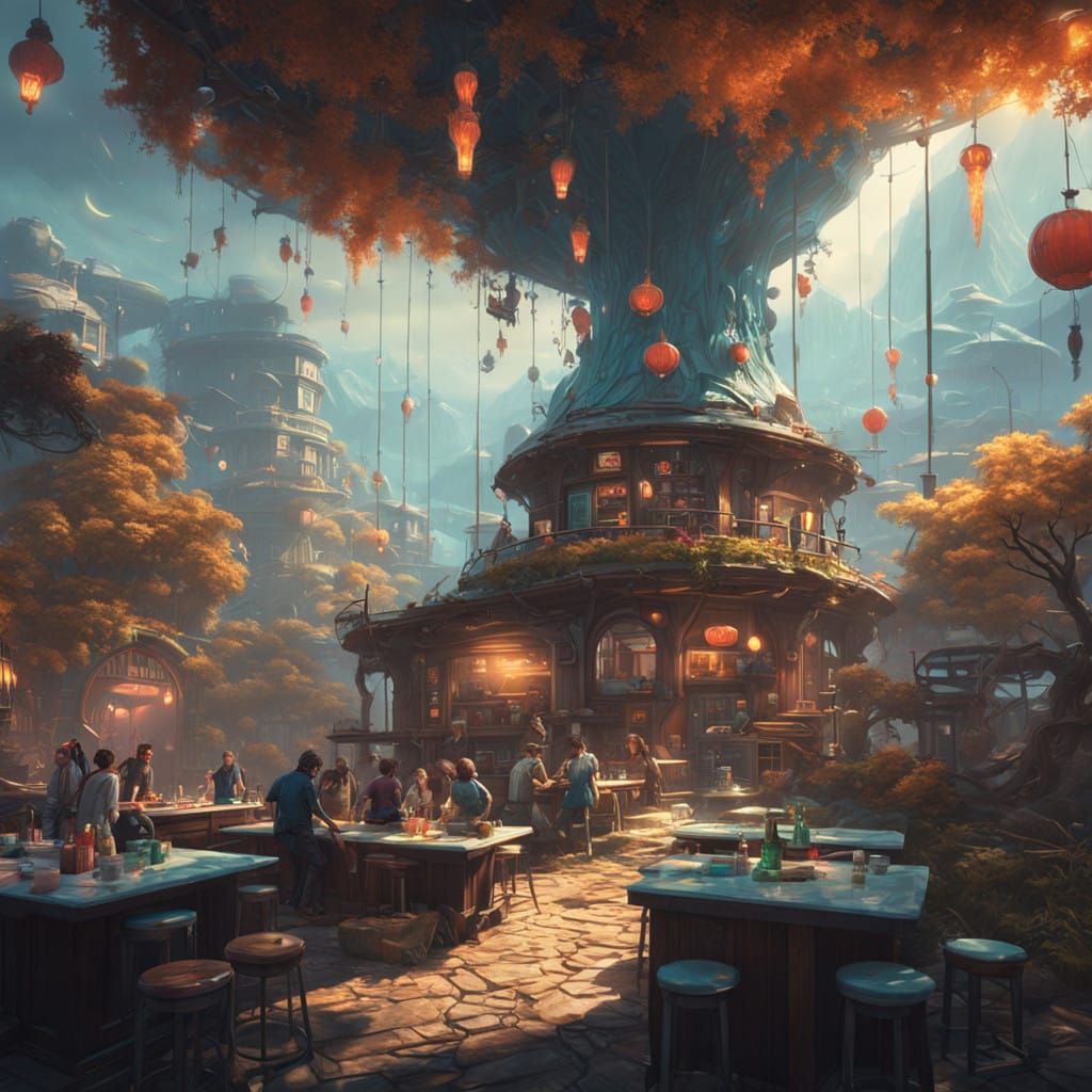 Vibrant Night Cafe Scene in Cyberpunk Style