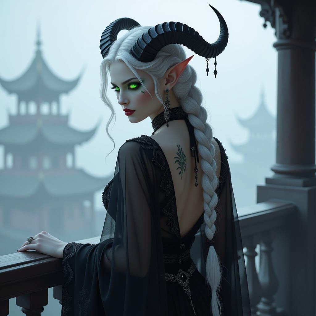 Tiefling Queen with Horns in Dark Fantasy Style