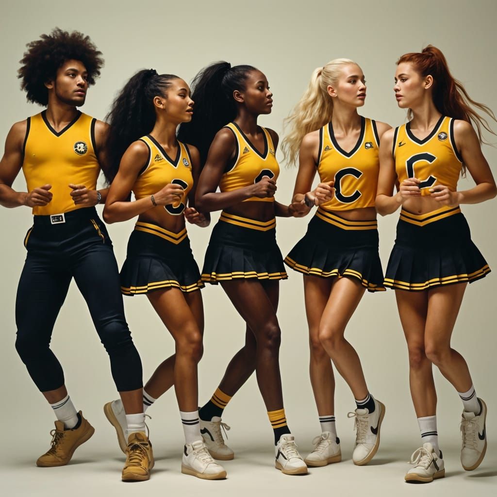 Diverse Cheerleaders in 1980s Style Uniforms