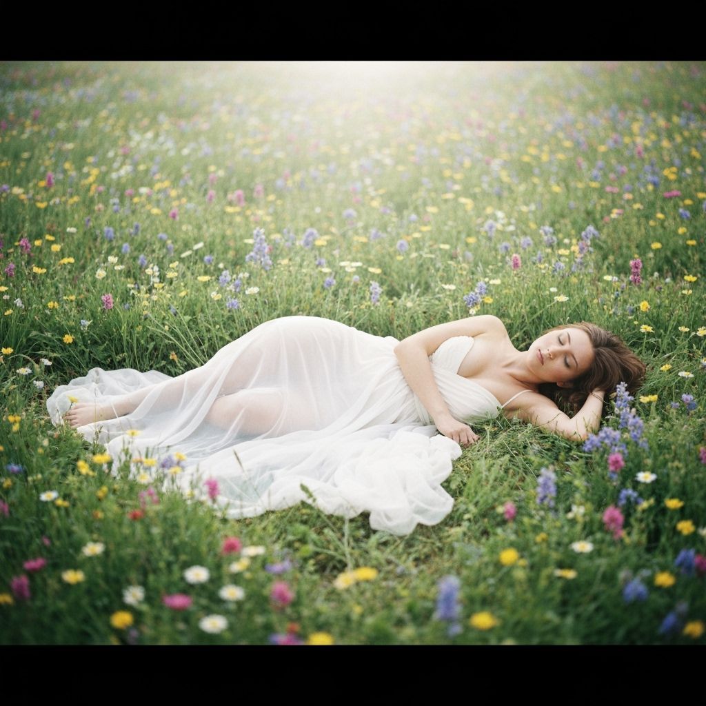 Ethereal Young Woman in Sheer Gown in Wildflower Meadow