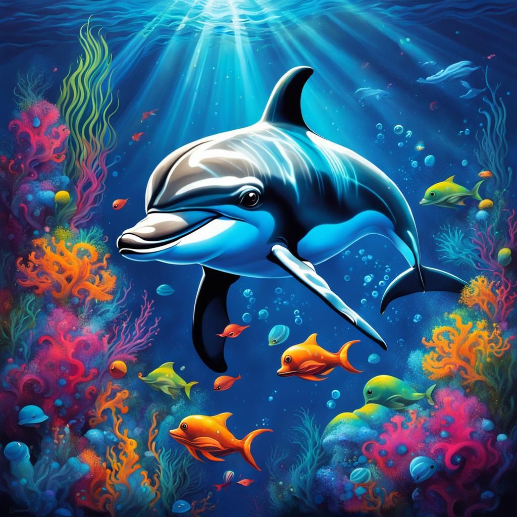 A cute curious dolphin :
"A beautiful and cute dolphin under the ocean waves curiously looks at the wonderful coral ree...