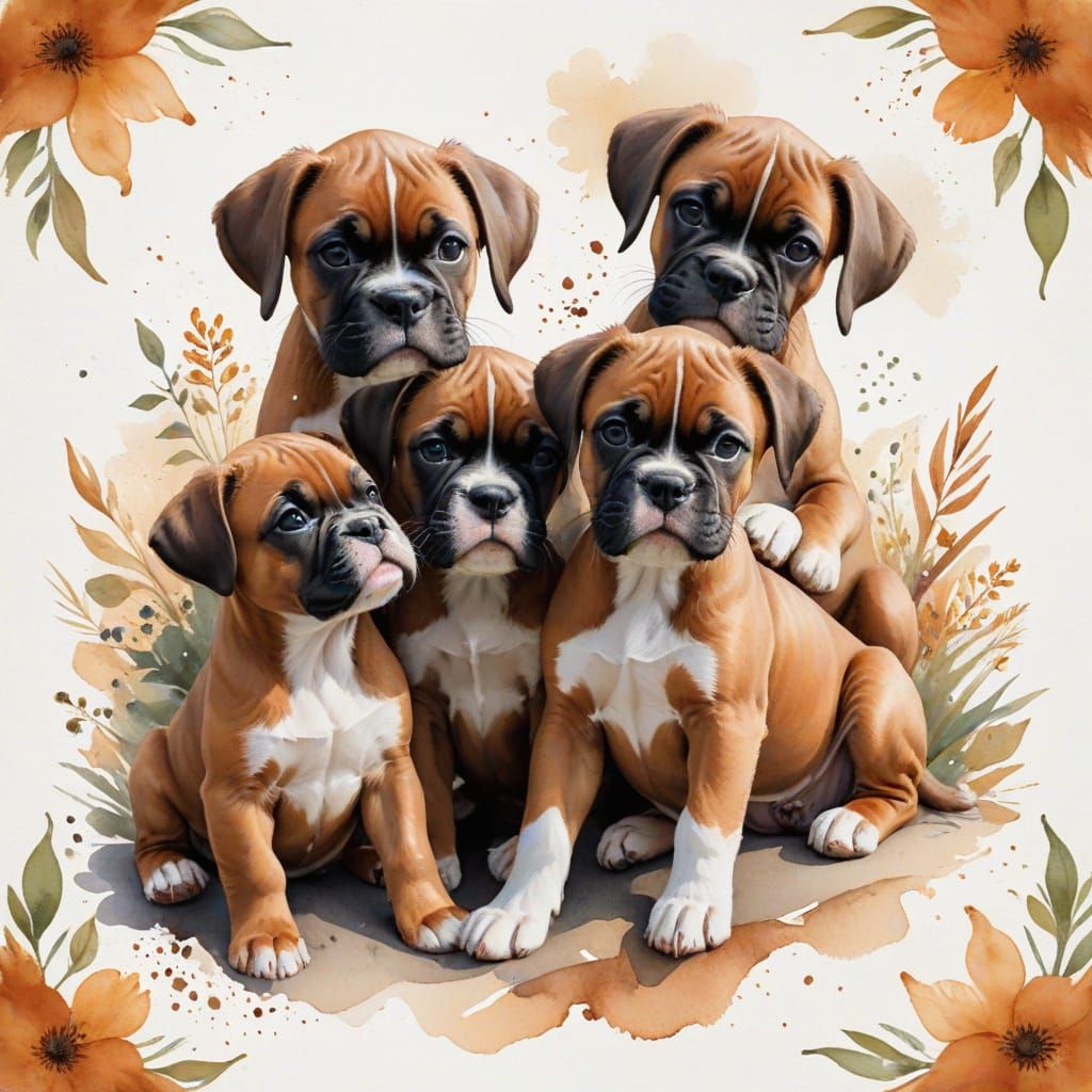 Watercolor Boxer Puppies Playful Illustration
