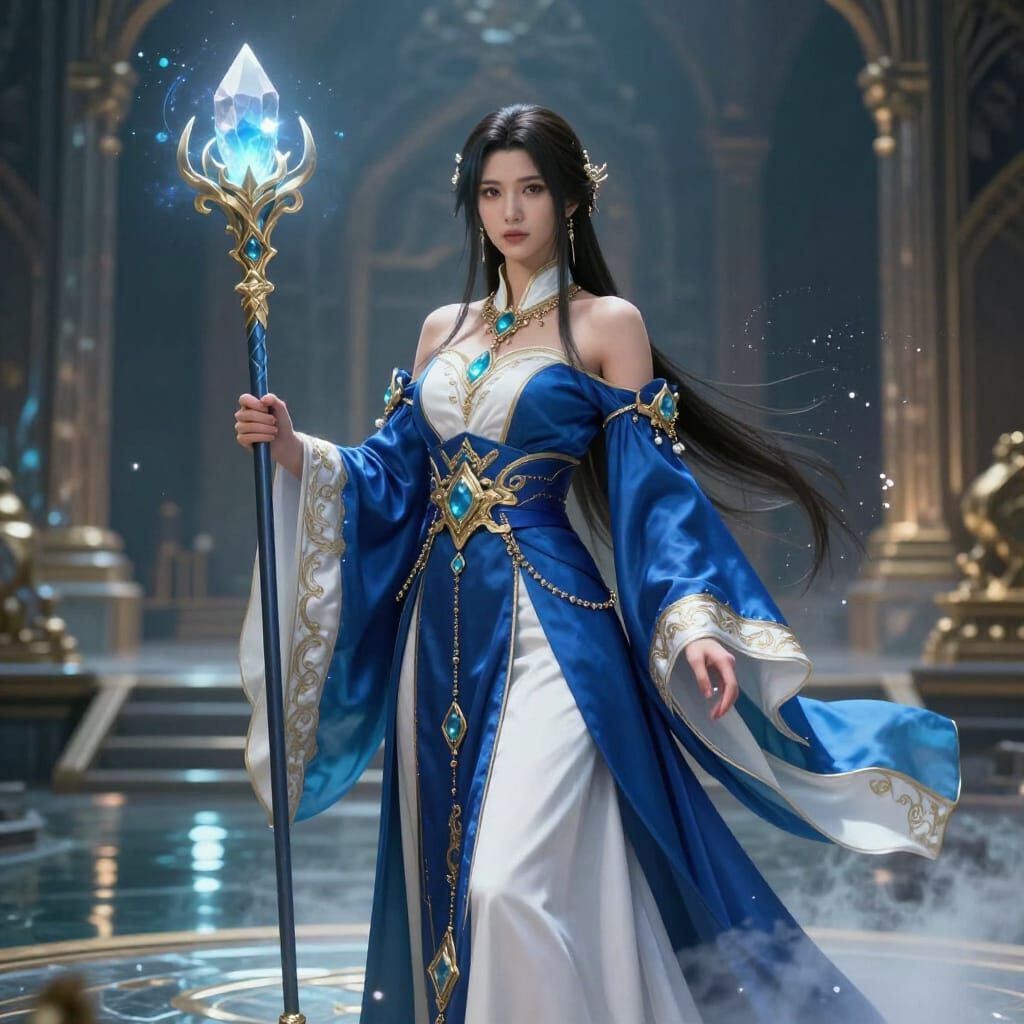 High Summoner in Cerulean Robes with Shiva Crystal Staff