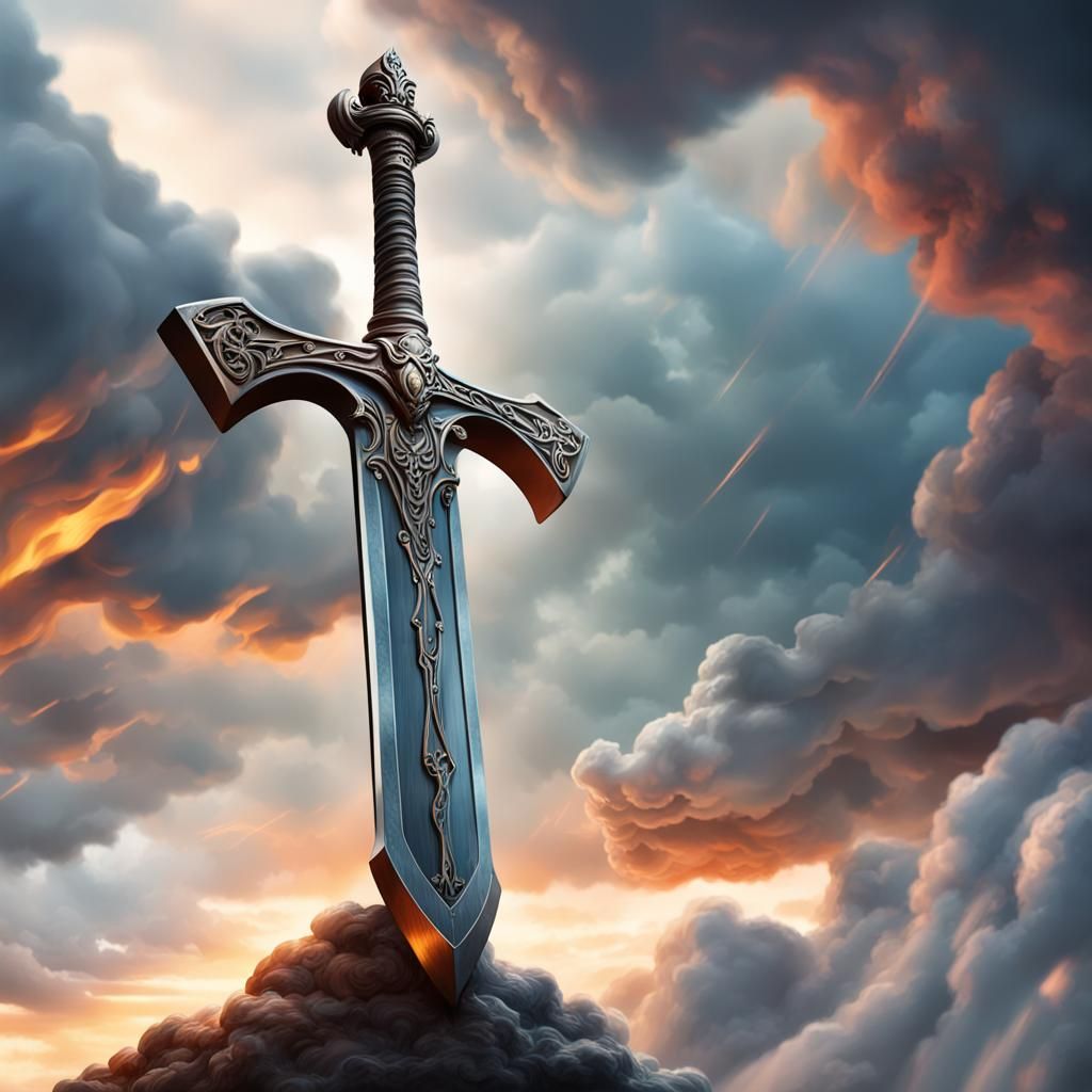 Sword in Stone with Banners Under Stormy Sky