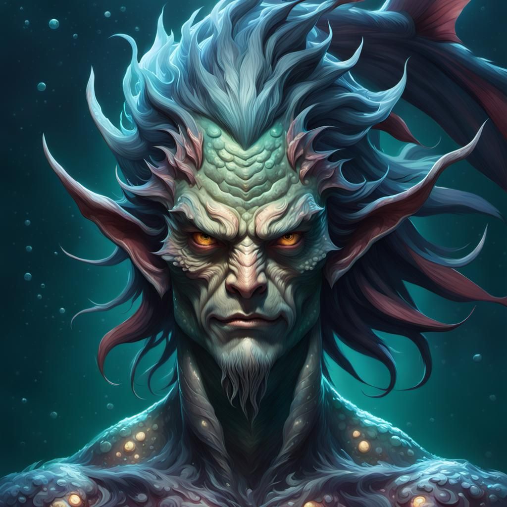 Detailed Demon Fish-Man Portrait in Art Nouveau Style