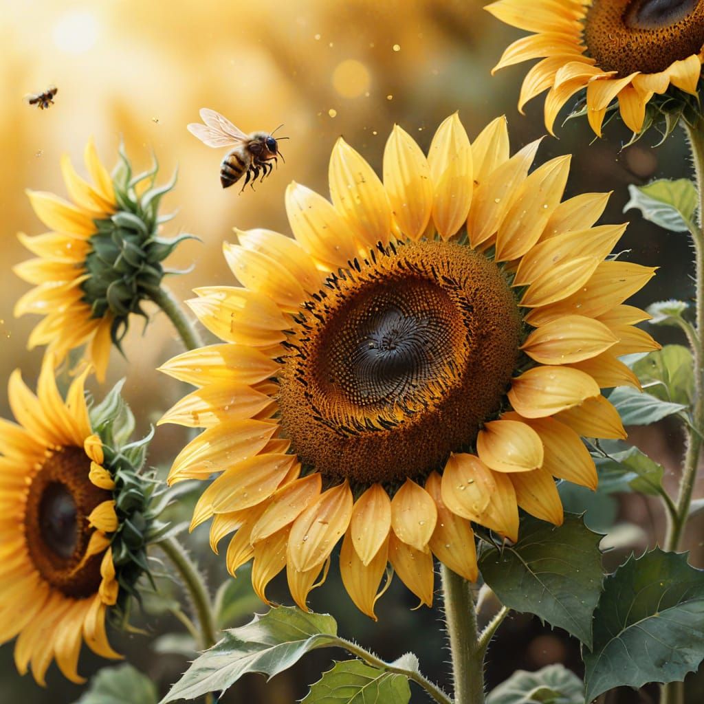 Watercolor Sunflowers and Bee Botanical Illustration