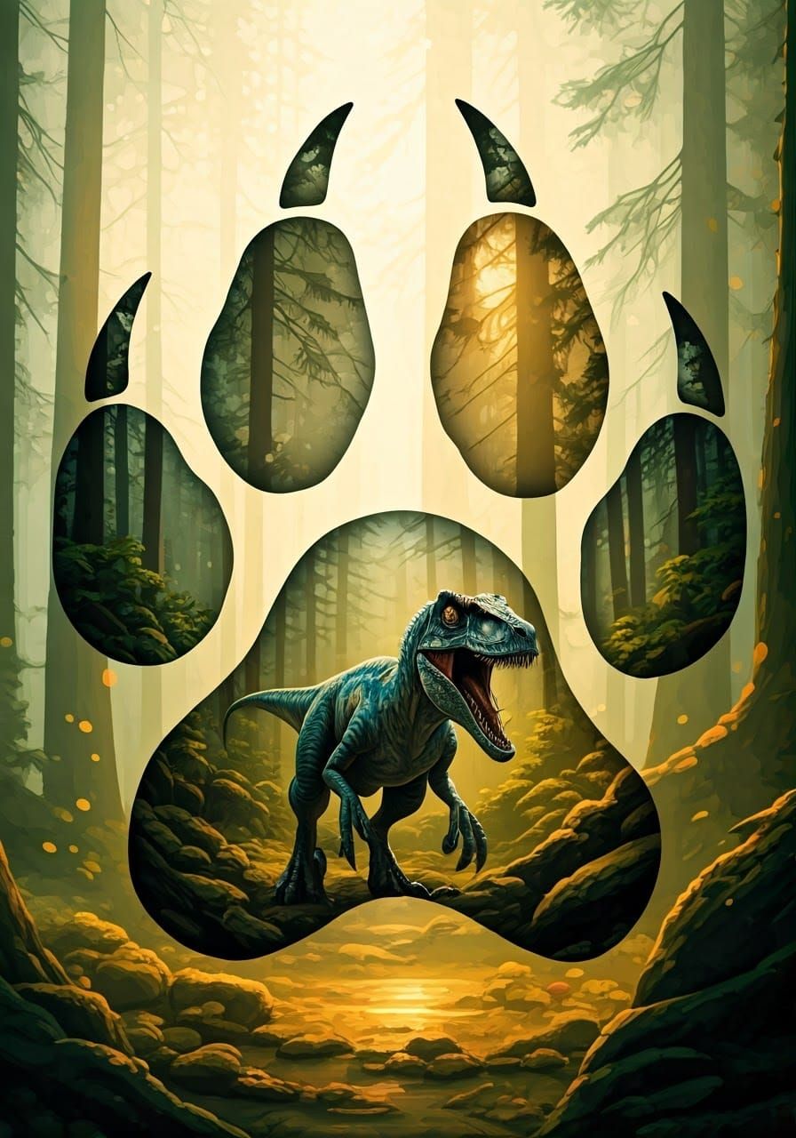 Velociraptor Emerges from Primal Paw Print in Oil and Ink