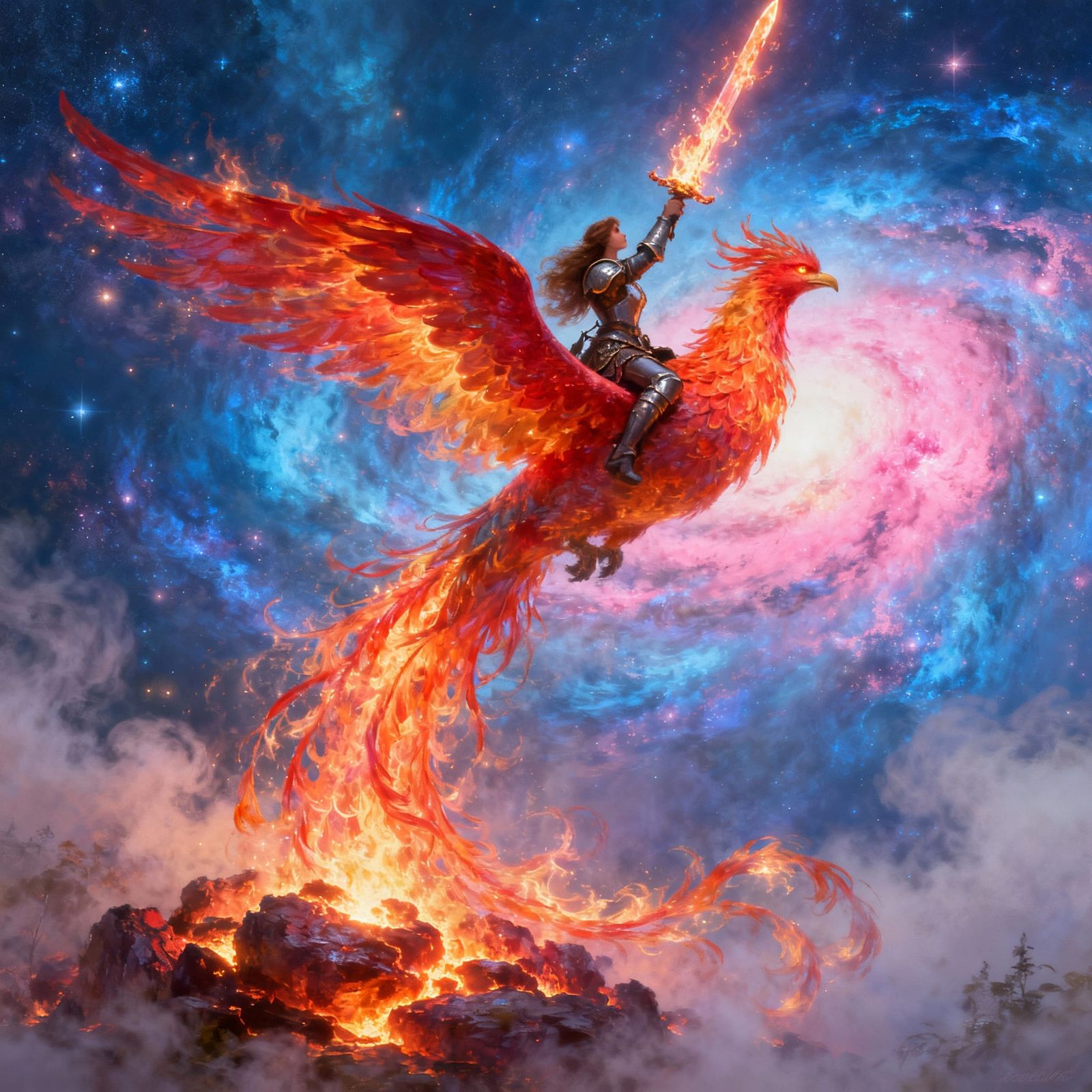 Phoenix Rises from Embers with Rider in Nebula