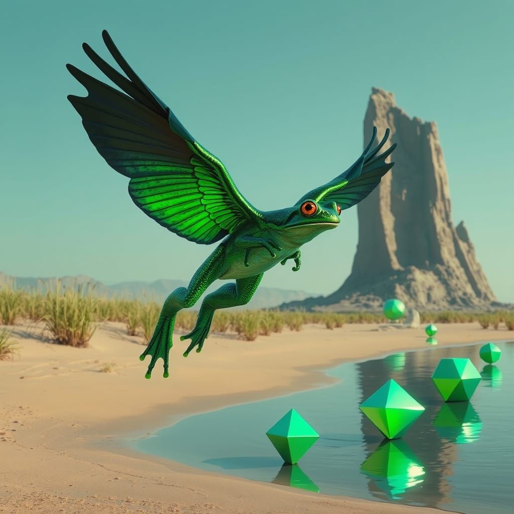 Flying Frog with Polyhedra in Futuristic Landscape