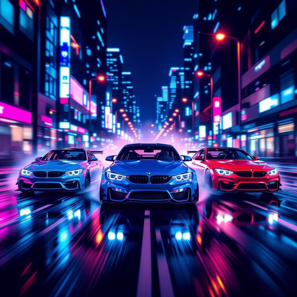 Dynamic BMW Car Drifting in Neon Cityscape