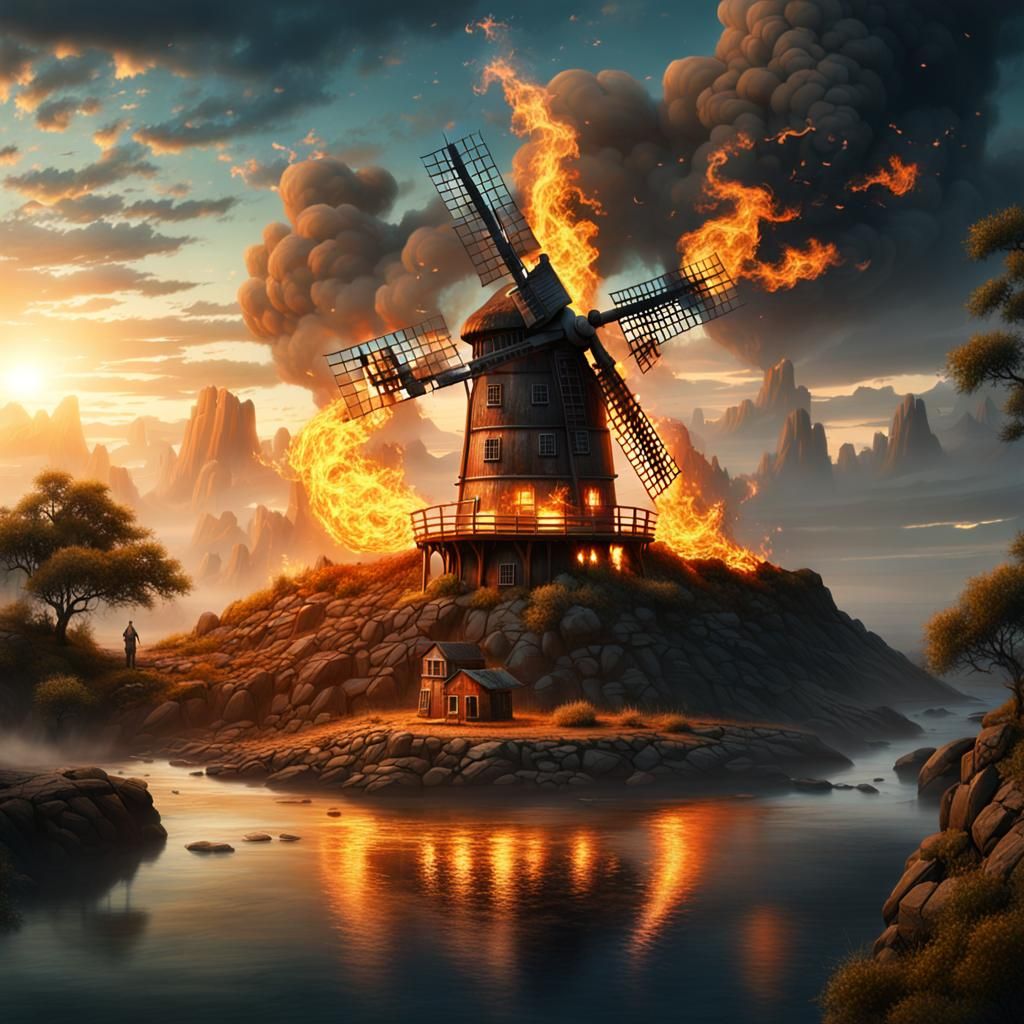 Burning Windmill on Island: Epic Digital Painting