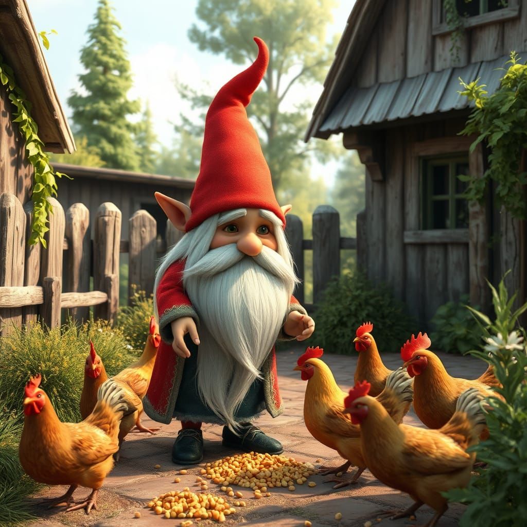 Whimsical Swedish Tompte Feeds Chickens in Enchanting Farmya...