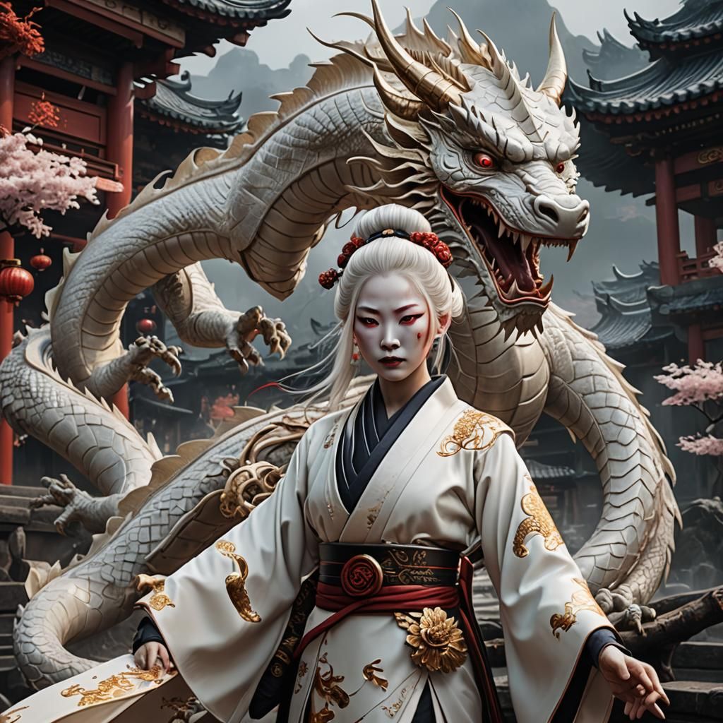 Albino Geisha and Dragon in Detailed Matte Painting