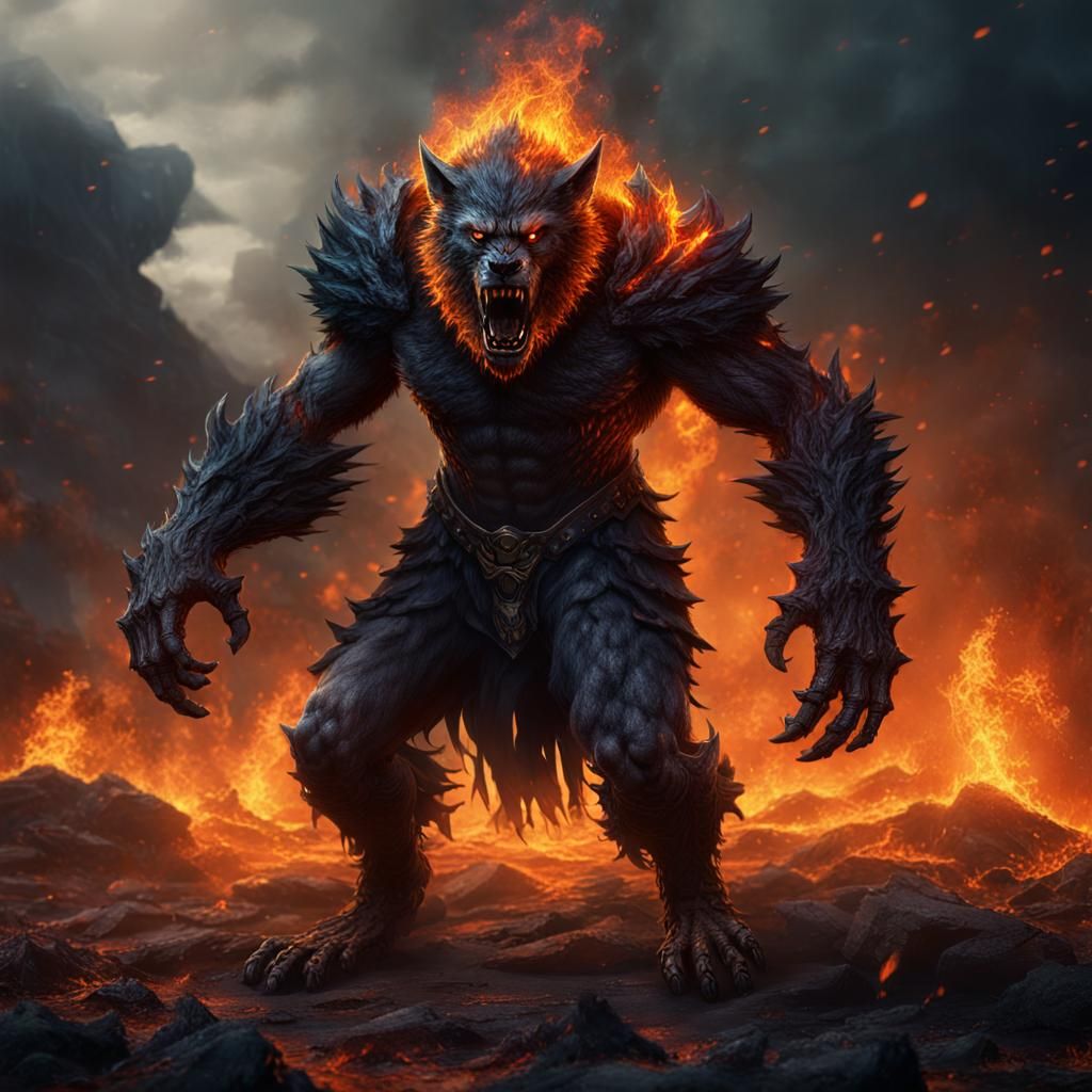 Fiery Werewolf Standing on a Black Flames Battlefield