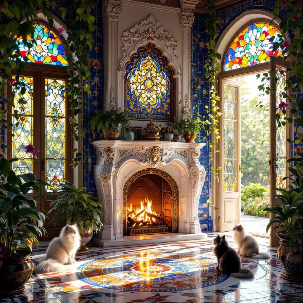 Opulent Vintage Interior With Persian Cats and Stained Glass