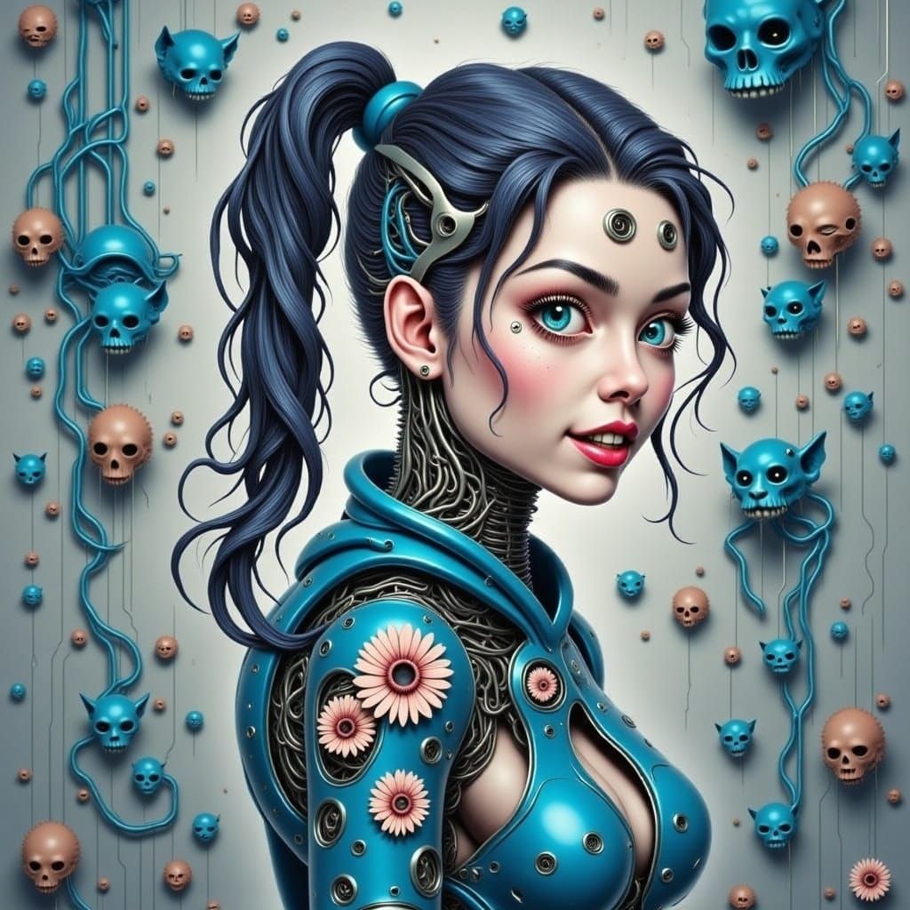 Smiling Cyborg Woman with Culinary Tattoos in Giger Style