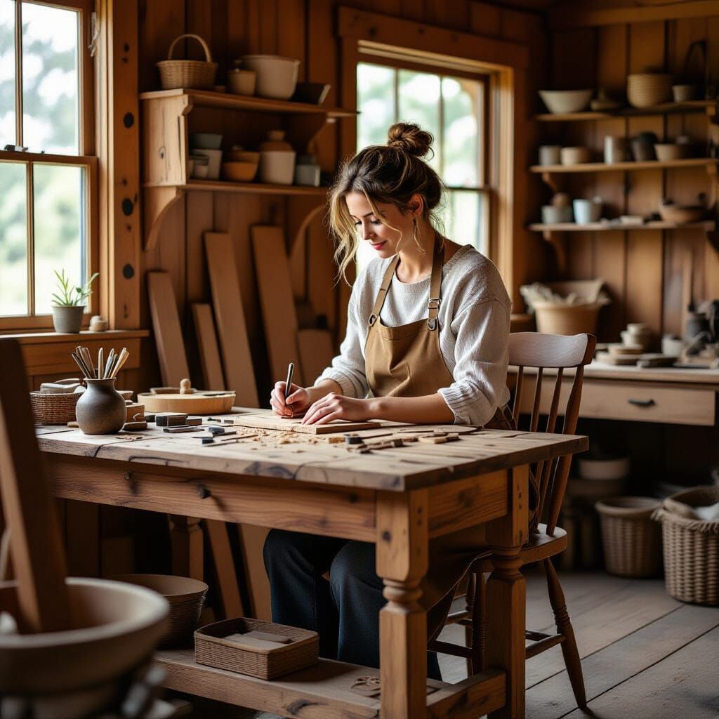 Woman Crafts Furniture in Workshop, Earthy Tones