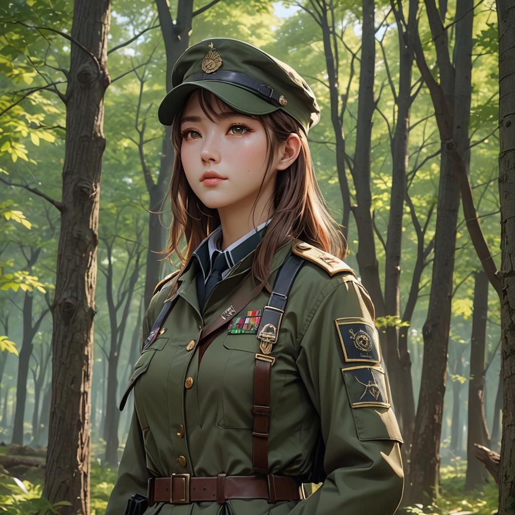 Korean Girl in Military Uniform: Detailed Anime Art