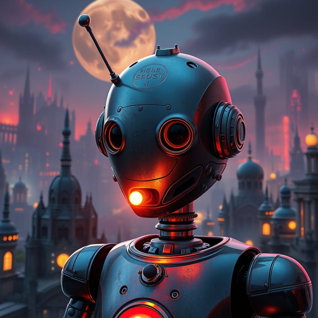 Retro-Futuristic Robot Illuminates Mystical Cityscape