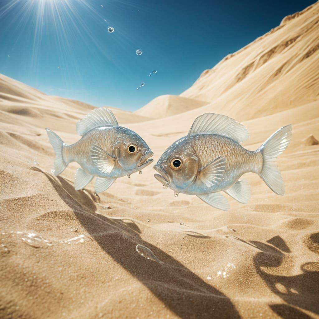 Hyper-Realistic CGI Art of Glowing Fish in Desert Sand