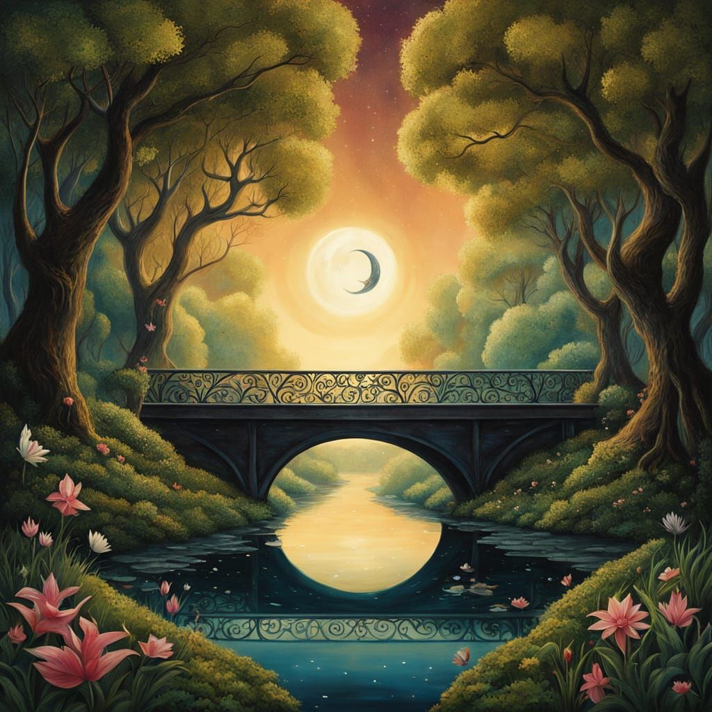 Fairyland Bridge Under Crescent Moon, Digital Painting