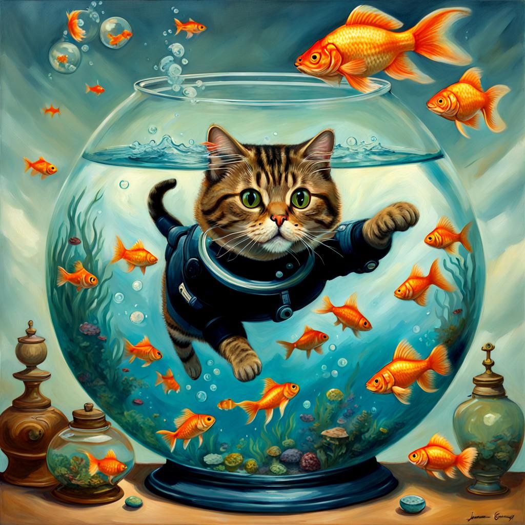 Cat Scuba Diving in Goldfish Bowl as Oil Painting