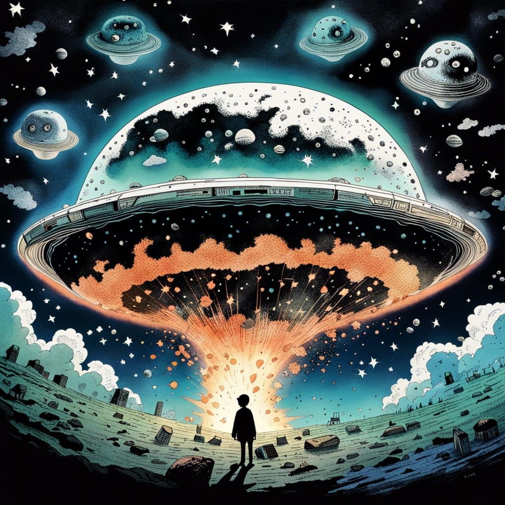 Surreal UFO Attack on Earth Illustration
