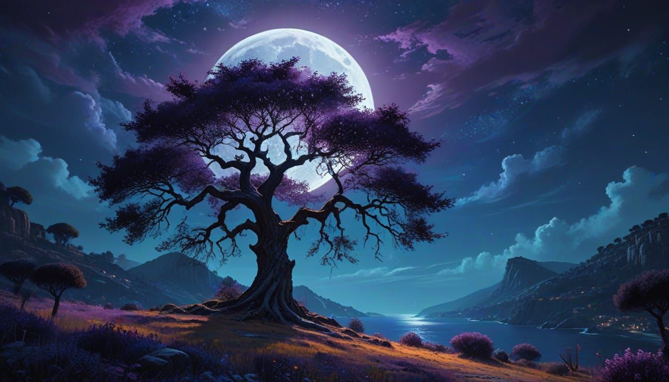Mediterranean Tree Under a Vibrant High-Definition Moon