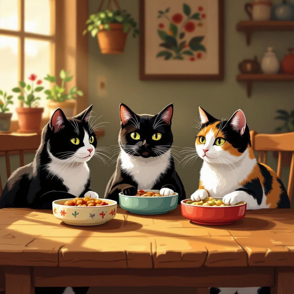 Cats Enjoying a Meal in Whimsical Style