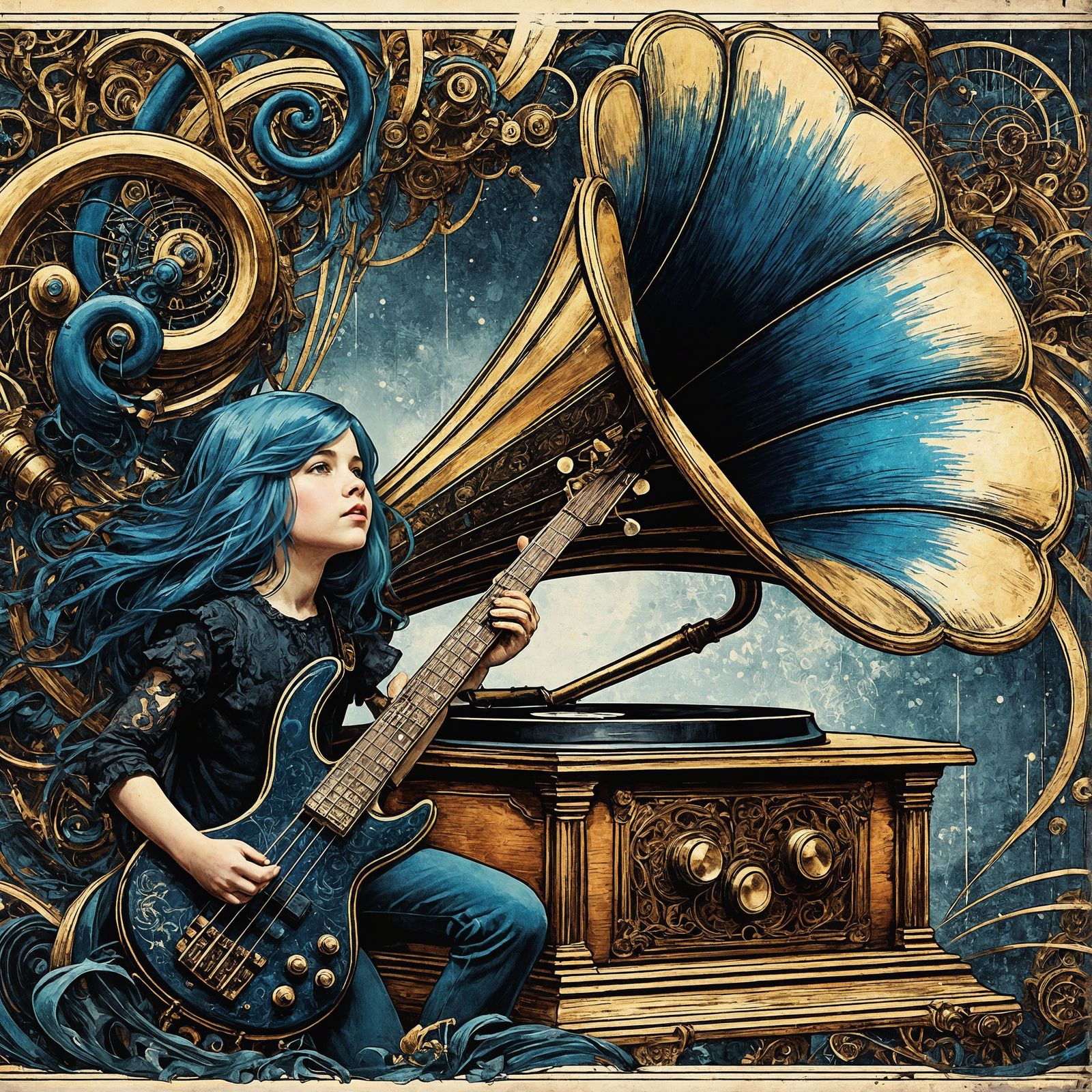 Sapphire-Haired Girl Plays Bass in Grunge Illustration