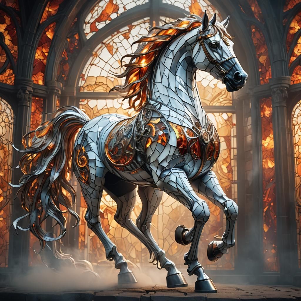 Stained Glass Biomechanical Horse with Fiery Mane