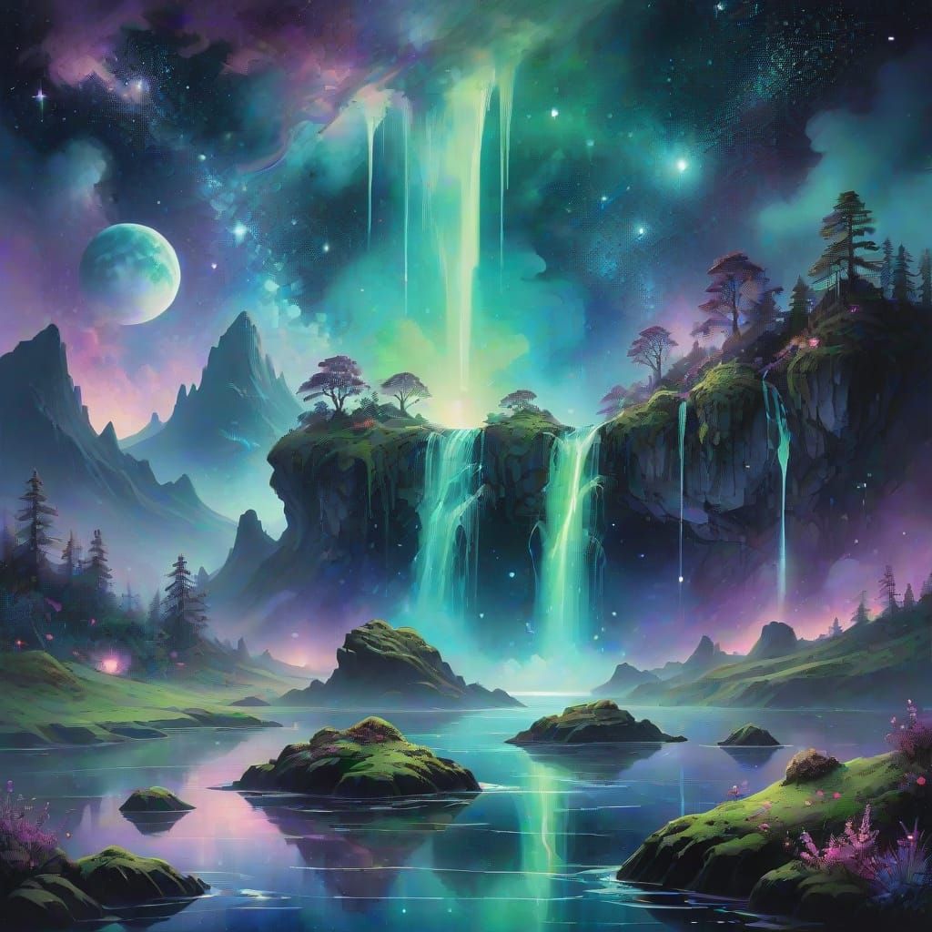 Surreal Island in Cosmic Abyss Watercolor