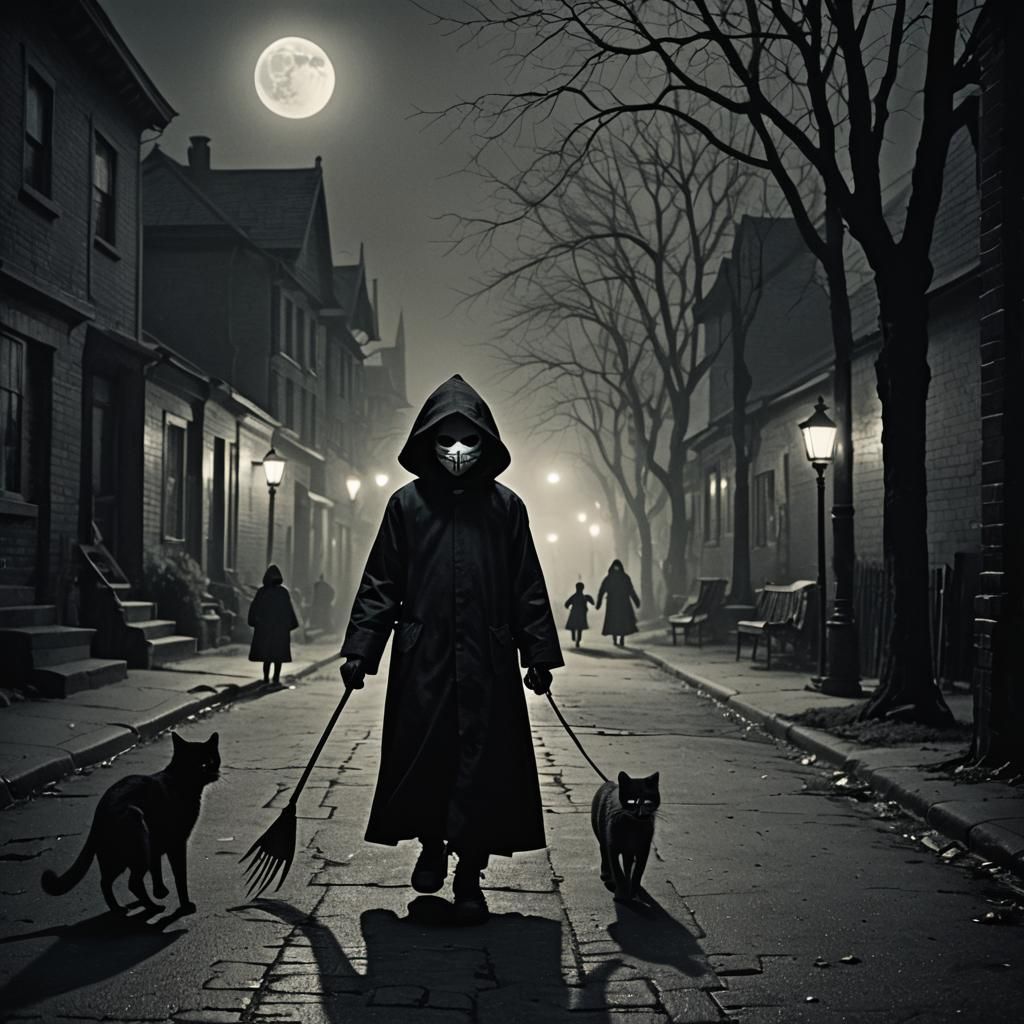 Ominous Child Walking with Reaper in Film Noir Style