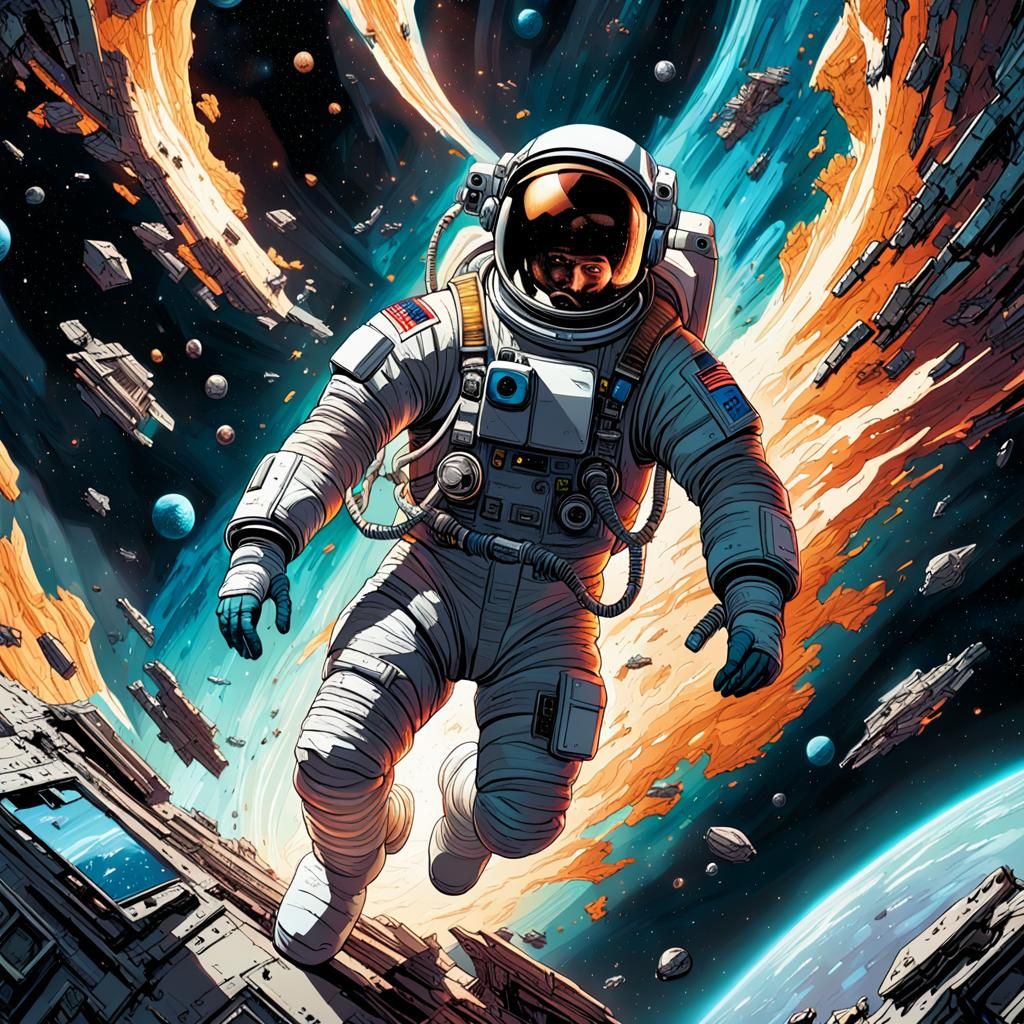 Astronaut Drifting in Space, Comic Book Art