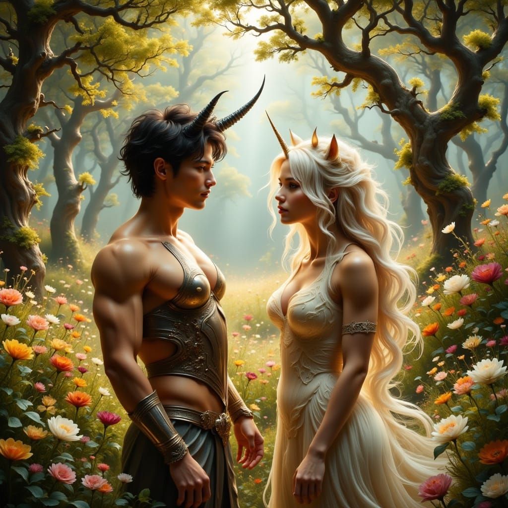 Confident Butch Centaur Warrior Flirts with Elegant Femme Co...