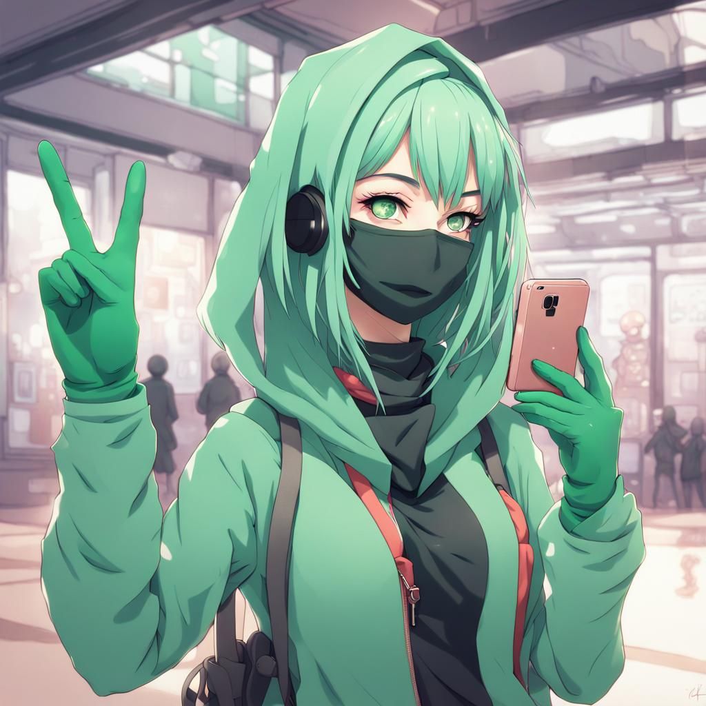 Girl in Zentai Bodysuit Taking Selfie, Anime Style