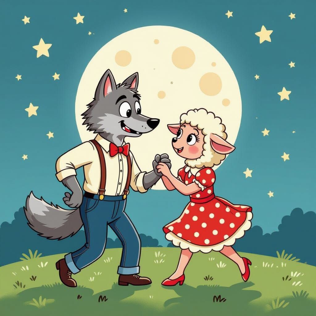 Cartoon Wolf and Sheep Dancing Under the Moon