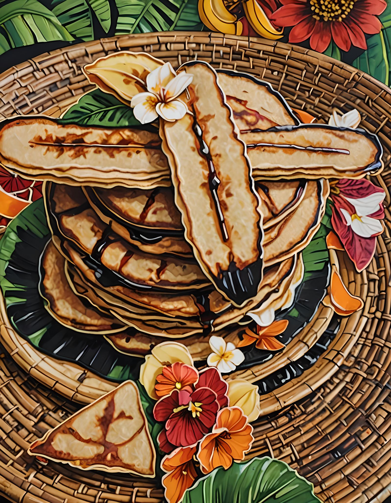 Banana Pancakes with Tropical Batik Background