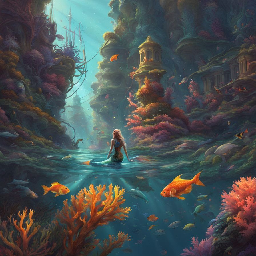 Ethereal Mermaid Pose in Vibrant Underwater Scene