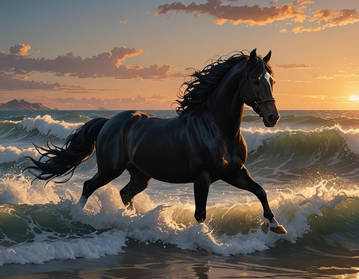Black Horse Galloping Through Waves at Sunset