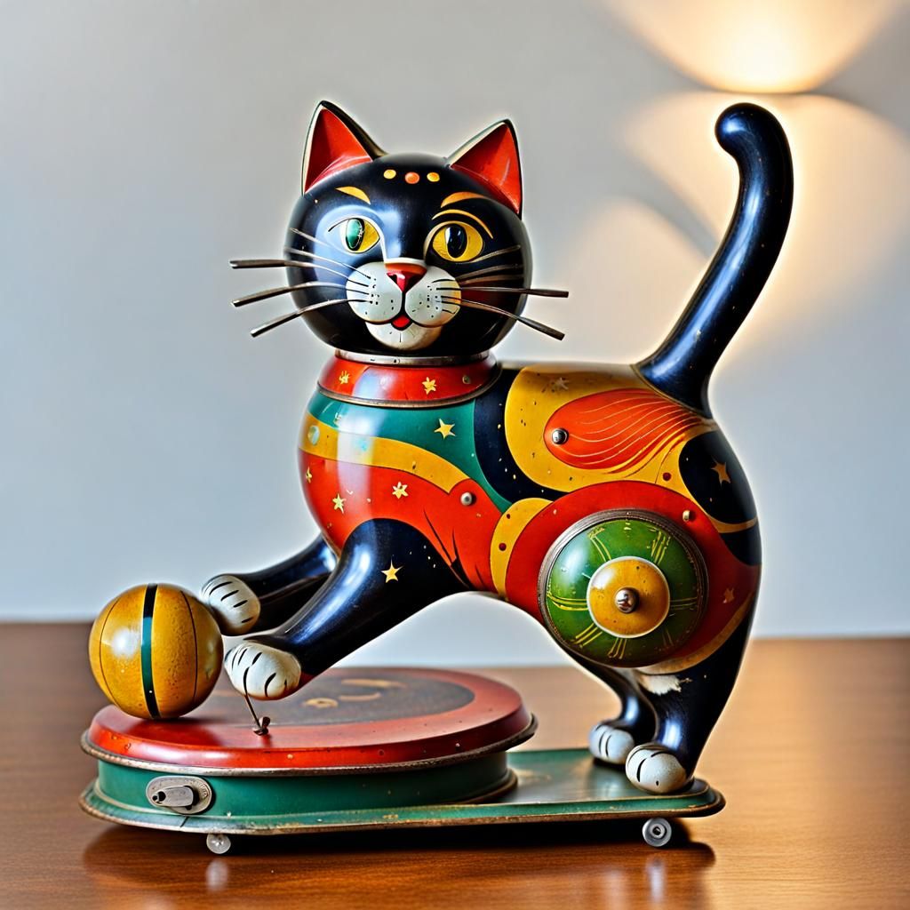 Antique Tin Wind-Up Cat Pushing Rolling Ball